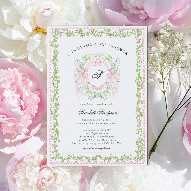 Faire-part de Baby Shower à monogramme avec nœud r (Botanical Crest Monogram Pink Bow Preppy Girl Baby Shower Invitation
)
