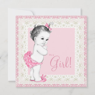 Faire-part de Baby Shower adorable ivoire et rose