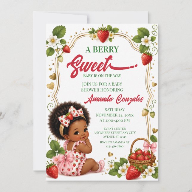 Faire-part de Baby Shower Afro Strawberry, Sucré a (Devant)