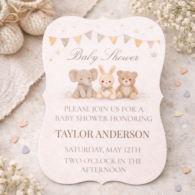 Faire-part de Baby Shower Animal Neutre (Neutral baby shower with soft animal trio and warm beige watercolor charm)