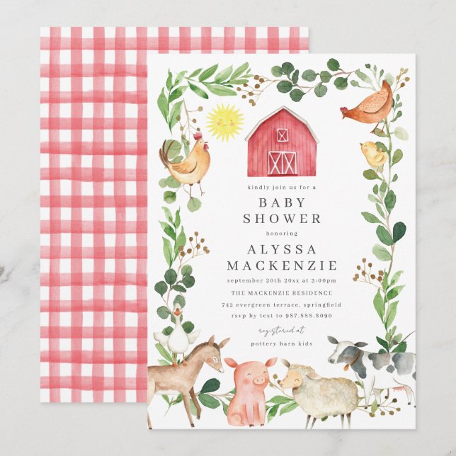 Faire-part de Baby Shower Animaux de la Ferme (Devant / Derrière)