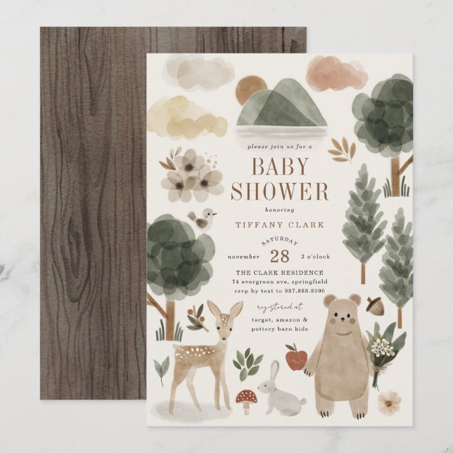 Faire-part de Baby Shower Animaux de la Forêt (Devant / Derrière)