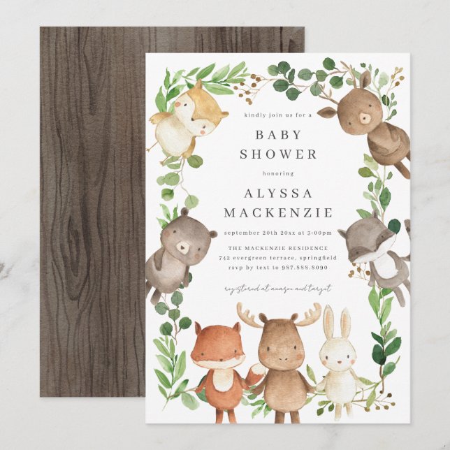 Faire-part de Baby Shower Animaux de la Forêt (Devant / Derrière)