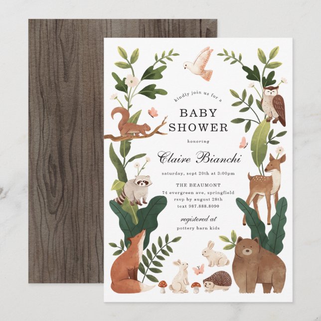 Faire-part de Baby Shower Animaux de la Forêt (Devant / Derrière)