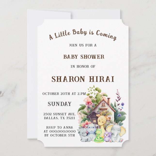Faire-part de Baby Shower Animaux Mignons | Marron (Dos)