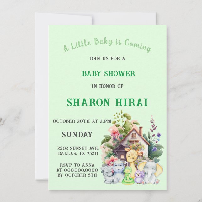 Faire-part de Baby Shower Animaux Mignons | Menthe (Dos)