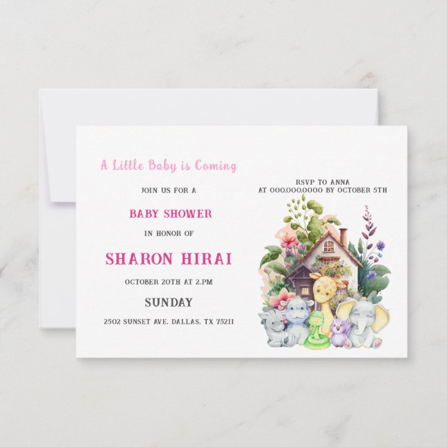 Faire-part de Baby Shower Animaux Mignons | Rose | (Dos)