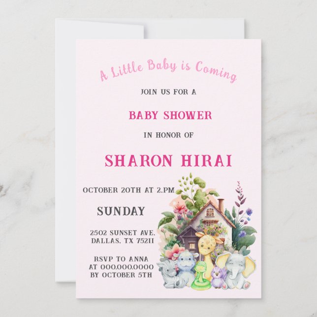 Faire-part de Baby Shower Animaux Mignons | Rose (Dos)