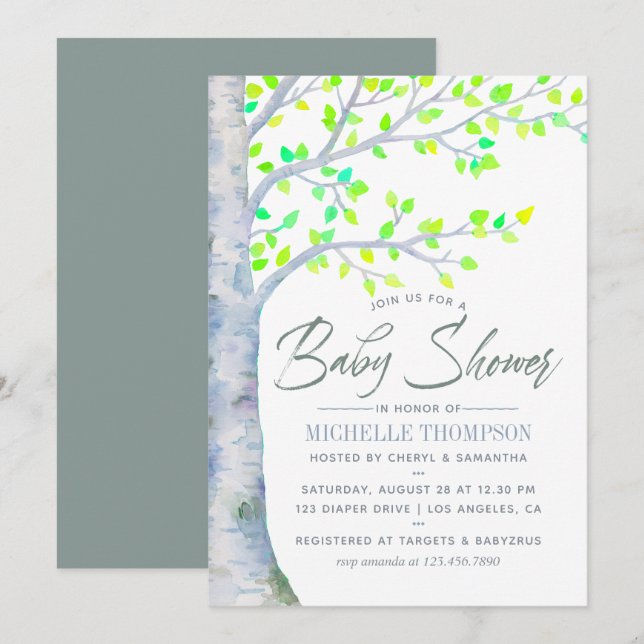 Faire-part de baby shower aquarelle arbre de print (Devant / Derrière)