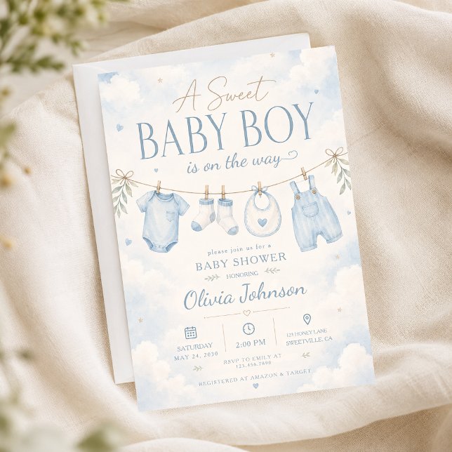 Faire-part de Baby Shower Aquarelle Bleue Douce Ba (Créateur téléchargé)