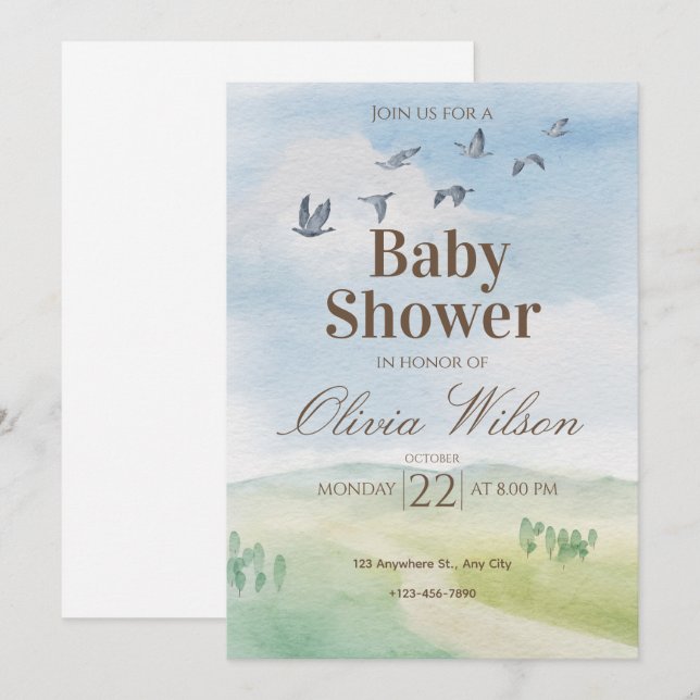 Faire-part de Baby Shower Aquarelle Ciel Rustique  (Devant / Derrière)