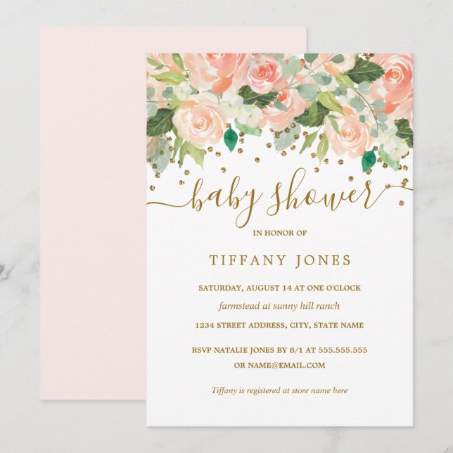 Faire-part de Baby Shower aquarelle Fleur de Pêche (Devant / Derrière)