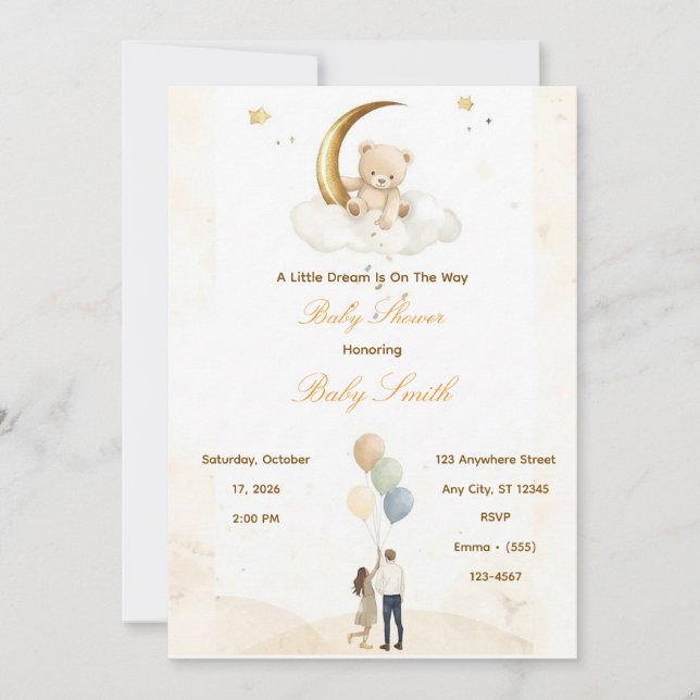 Faire-part de Baby Shower aquarelle Teddy Bear Moo (Devant)