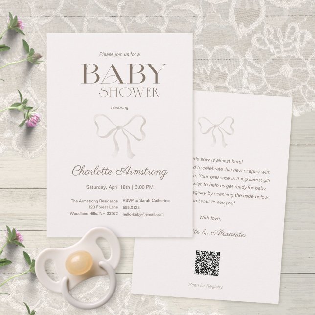Faire-part de Baby Shower Arc-en-Ciel en Aquarelle (Subtle Dusty Rose Watercolor Bow Baby Shower Invitation ©Susanne Sachers - Sunny Mind 🌞)