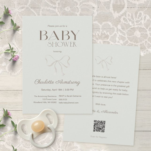 Faire-part de Baby Shower Arc-en-Ciel Vert Sage Pr (Deep Sage Green Watercolor Bow Baby Shower Invitation ©Susanne Sachers - Sunny Mind 🌞)