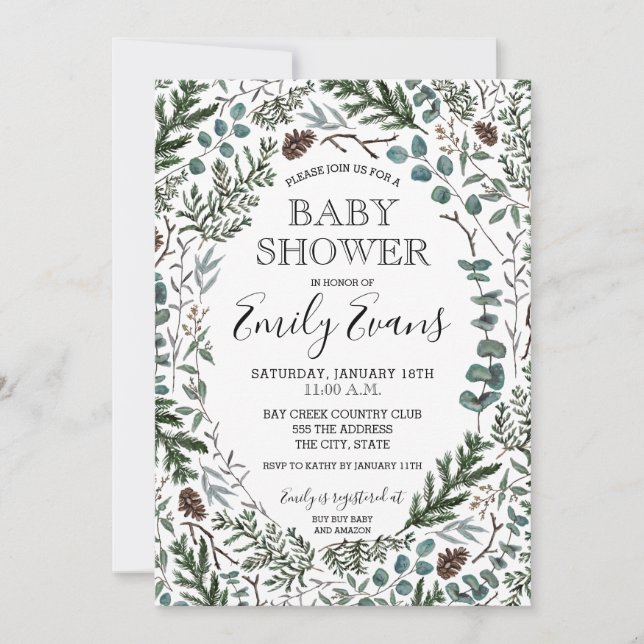 Faire-part de Baby Shower au Pin et à l'Eucalyptus (Devant)