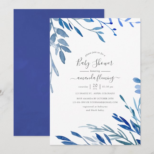 Faire-part de Baby Shower aux feuilles d'indigo ma (Devant / Derrière)