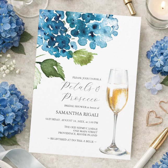 Faire-part de Baby Shower aux Pétales Bleues et Pr (blue petals and prosecco bridal shower invitations with watercolor hydrangeas)