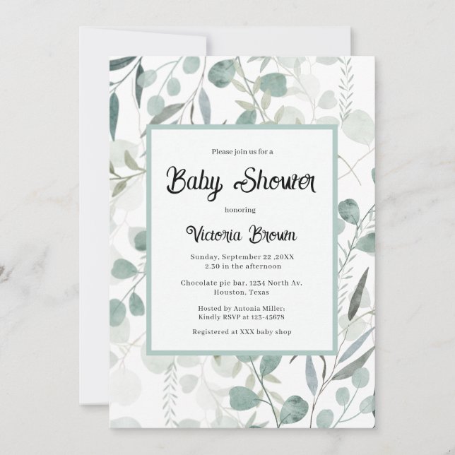 Faire-part de Baby Shower avec feuillage d'eucalyp (Devant)