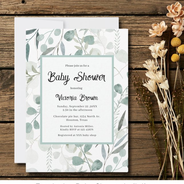 Faire-part de Baby Shower avec feuillage d'eucalyp (Créateur téléchargé)
