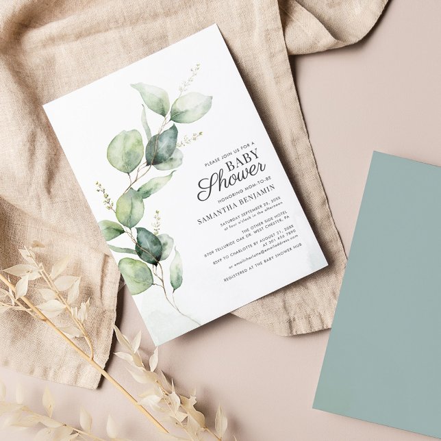 Faire-part de Baby Shower avec feuillage d'eucalyp (Eucalyptus Greenery Modern Baby Shower Invitation)