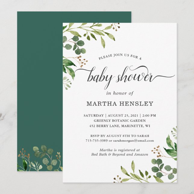 Faire-part de Baby Shower avec feuillage d'eucalyp (Devant / Derrière)