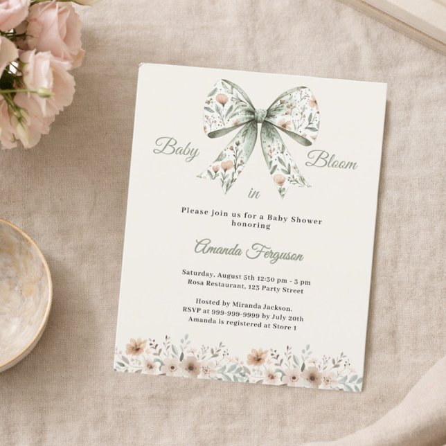Faire-part de Baby Shower avec fleurs vertes en fo (Créateur téléchargé)