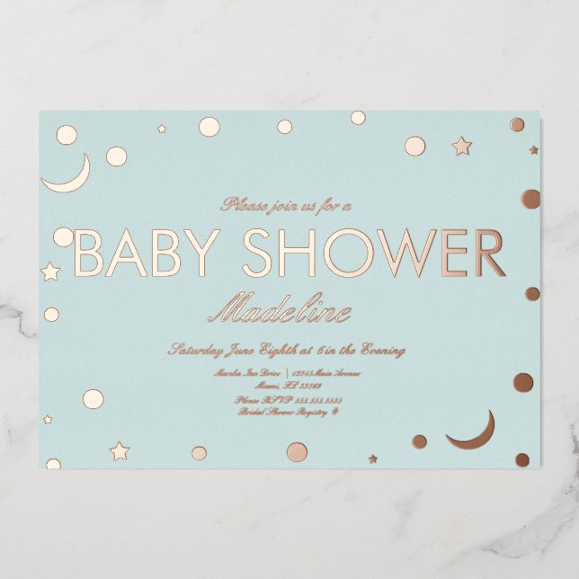 Faire-part de Baby Shower avec Lune et Confetti Pr (Recto)