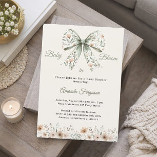 Faire-part de Baby Shower avec nœud floral vert et