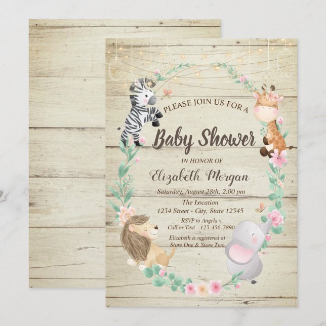 Faire-part de Baby Shower avec texture de bois et  (Devant / Derrière)