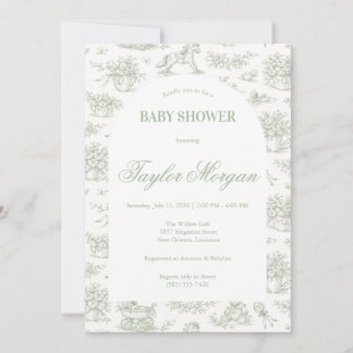 Faire-part de Baby Shower avec Toile de Jouy Vert 
