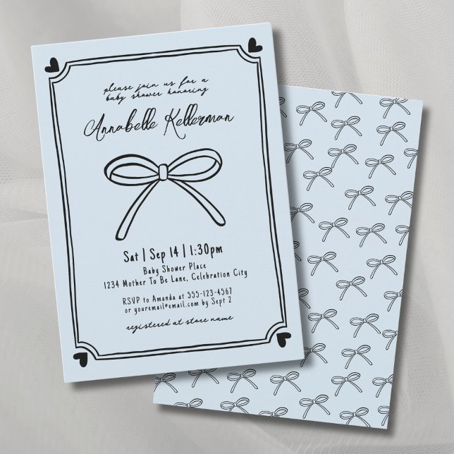 Faire-part de Baby Shower avec un arc bleu dessiné (Hand Drawn Blue Bow Baby Shower Invitation )