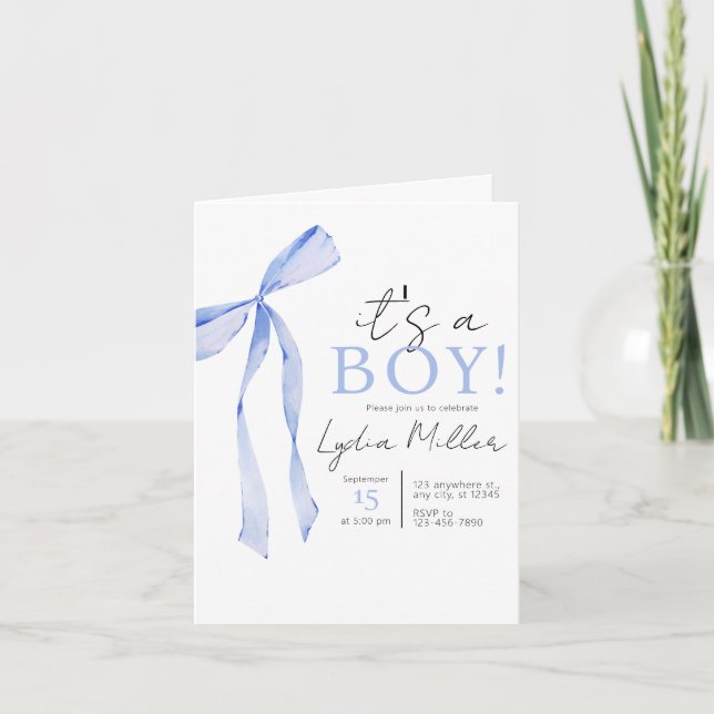 Faire-part de Baby Shower avec un Nœud Bleu, Invit (Devant)