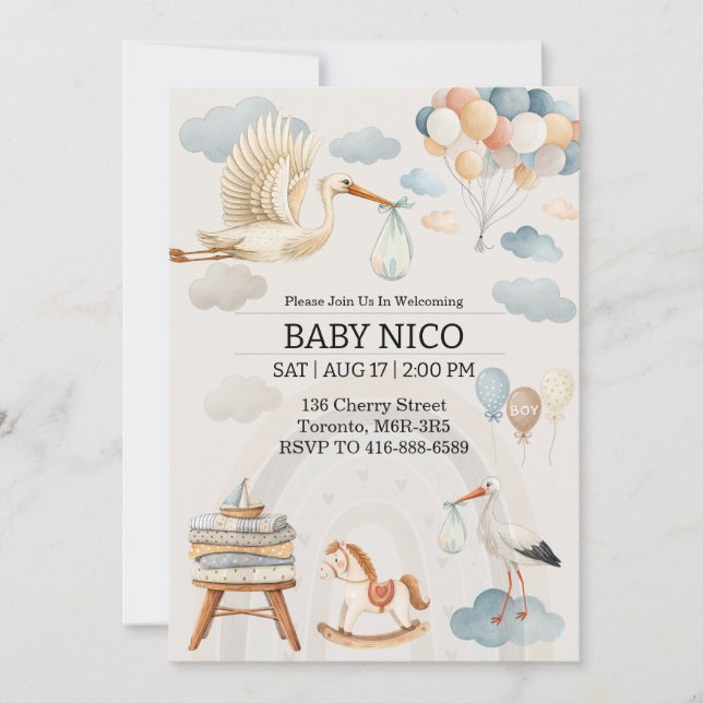 Faire-part de Baby Shower avec une cigogne aquarel (Devant)