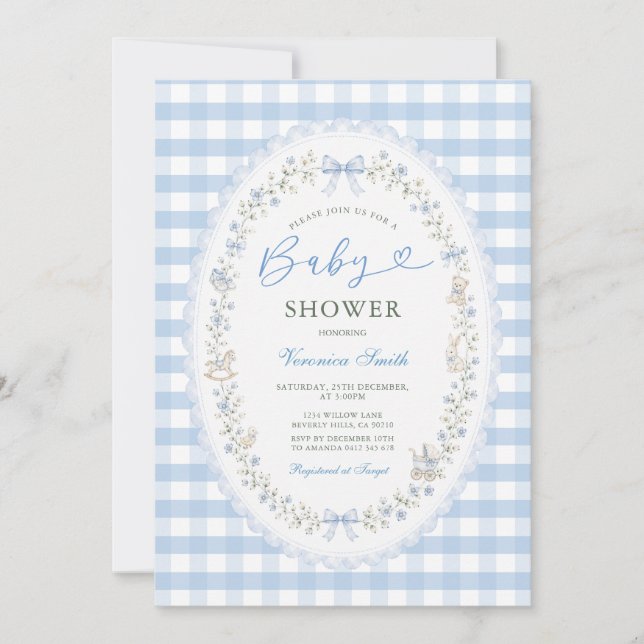 Faire-part de Baby Shower Baby Blue Floral Bow Gra (Devant)