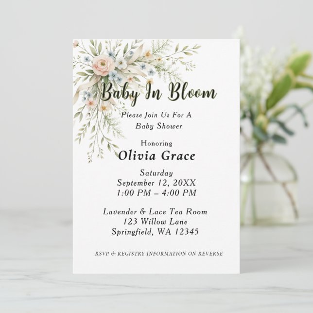 Faire-part de Baby Shower Baby in Bloom (Debout devant)