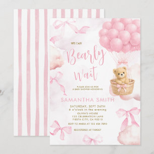 Faire-part de Baby Shower Ballon Rose Nuageux Ours