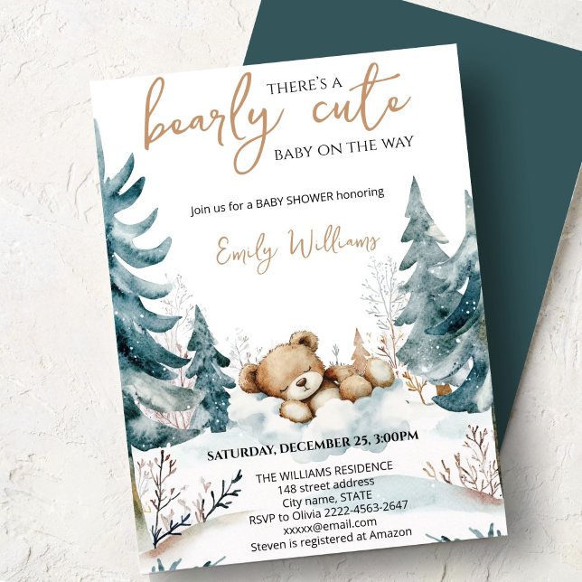 Faire-part de Baby Shower "Bearly Cute" | Ours de  (Cute bear watercolor baby shower invitation “Bearly cute baby on the way” )