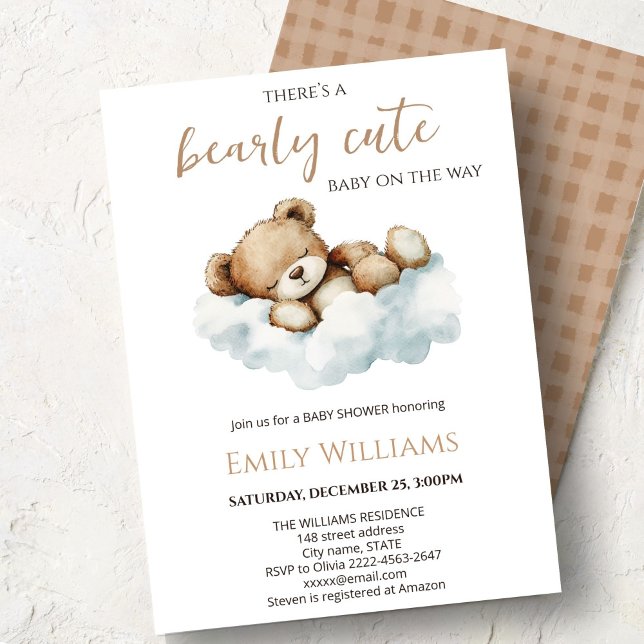 Faire-part de Baby Shower "Bearly Cute" | Ourson N (Cute bear watercolor baby shower invitation “Bearly cute baby on the way” )