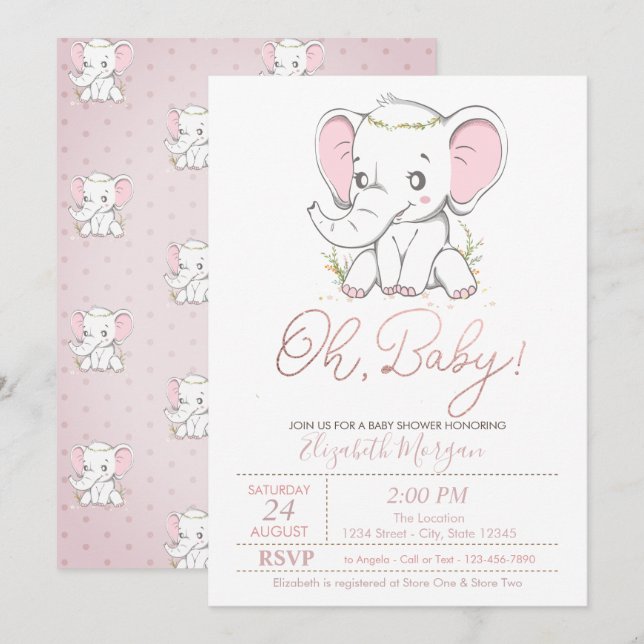 Faire-part de Baby Shower Bébé Éléphant Mignon à P (Devant / Derrière)