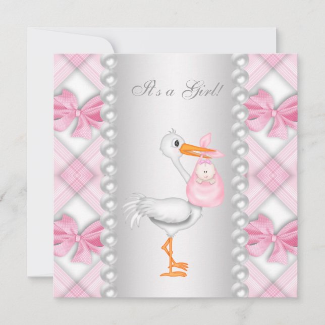 Faire-part de Baby Shower Bébé Fille Rose cigogne (Devant)