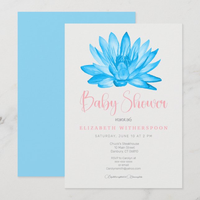 Faire-part de baby shower bébé fleur de lotus bleu (Devant / Derrière)