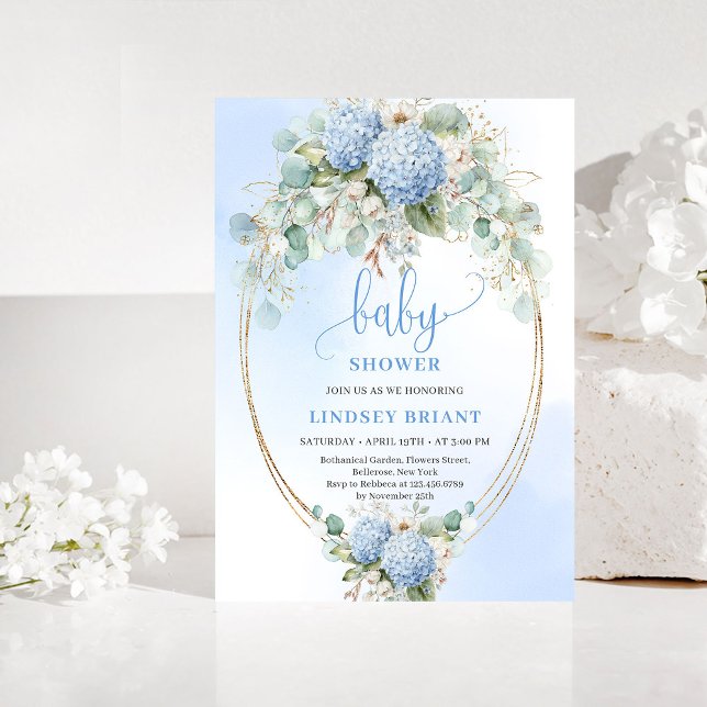 Faire-part de Baby Shower Bébé Fleur d'Hydrange Bl (Romantic Blue Hydrangea Baby Shower Gold Invitation)