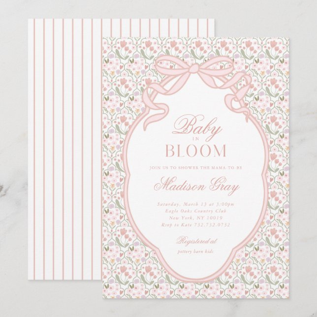 Faire-part de Baby Shower Bébé Fleur Rose (Devant / Derrière)