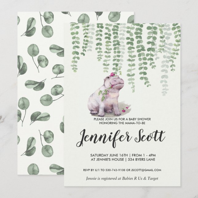 Faire-part de Baby Shower Bébé Hippopotame Jungle (Devant / Derrière)