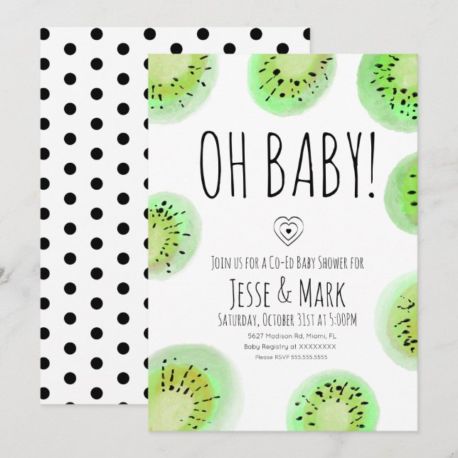 Faire-part de Baby Shower Bébé Kiwi à Points de Wa (Devant / Derrière)