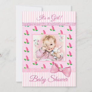 Faire-part de Baby Shower Bébé Rose Foncé Vintage