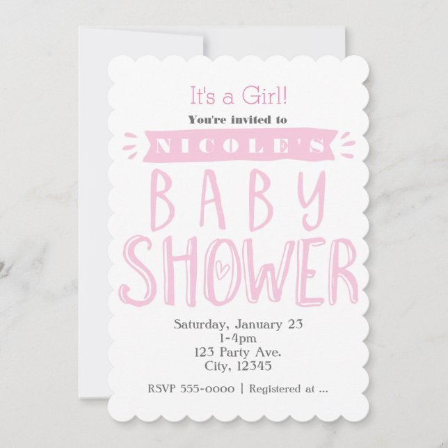 Faire-part de Baby Shower Blanc et Rose C'est une  (Devant)