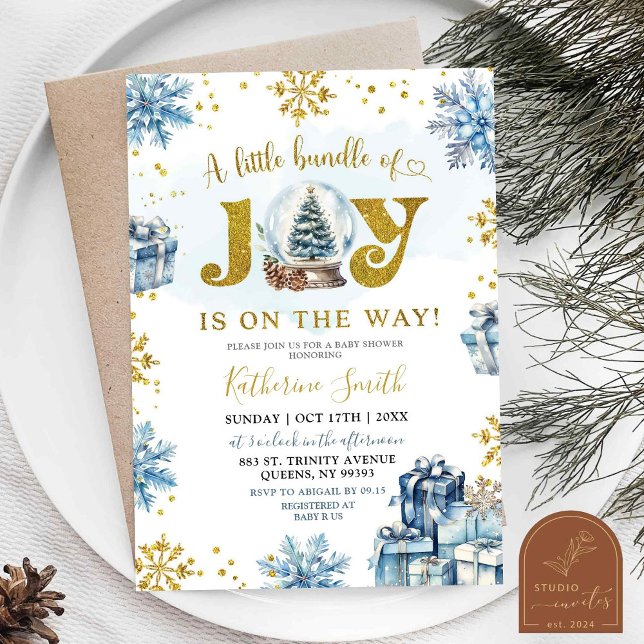 Faire-part de Baby Shower Bleu Hiver Boule à Neige (Créateur téléchargé)