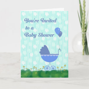 Faire-part de Baby Shower Bleu & Vert avec Carross